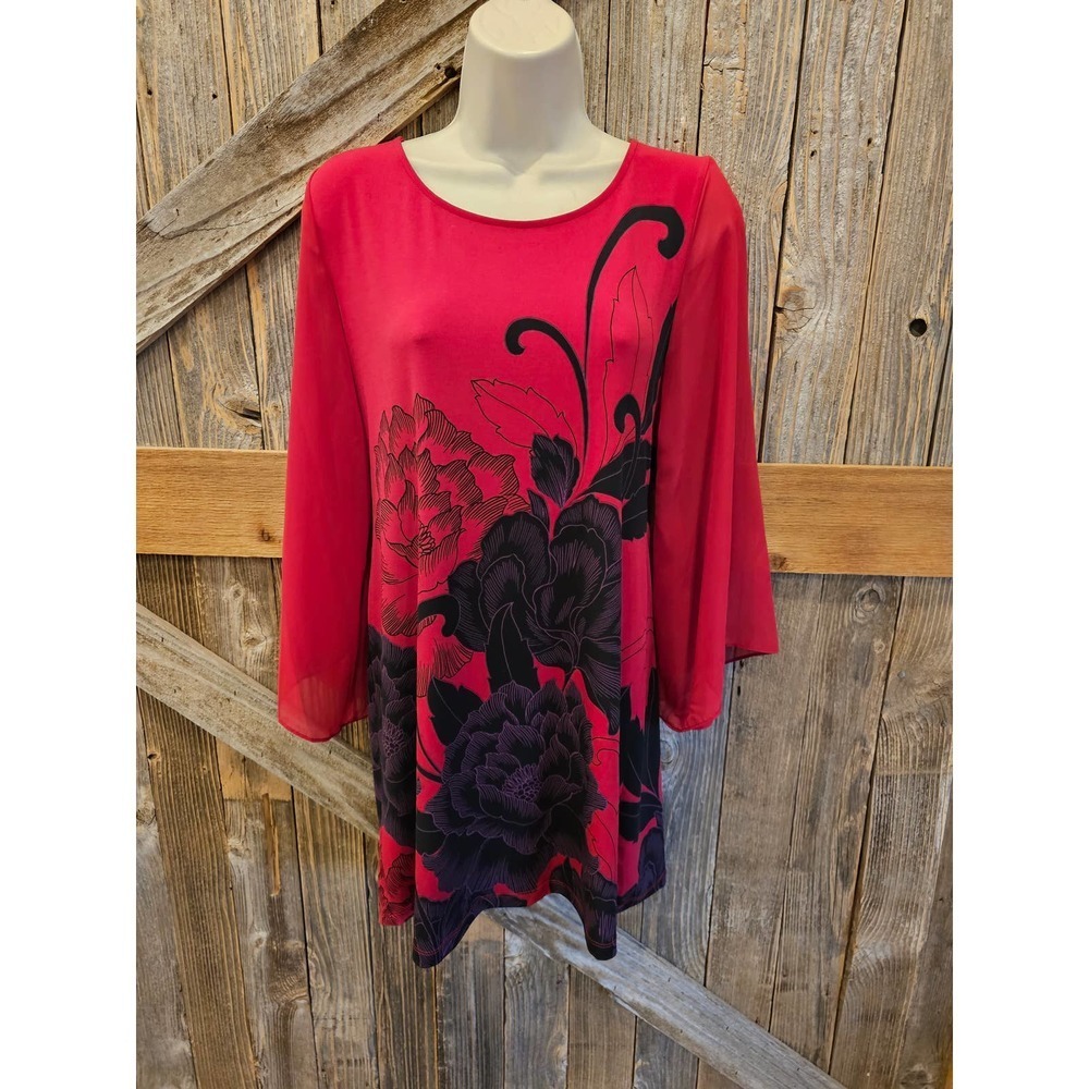 Valerie Stevens romantic red tunic dress sheer arms EUC sz Small